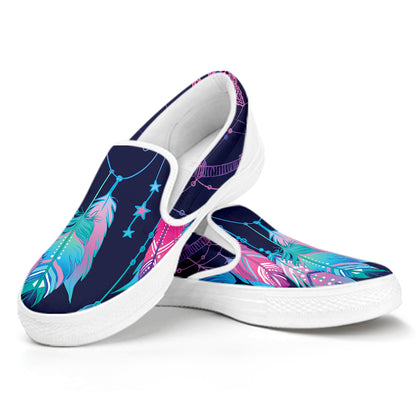 Teal And Purple Dream Catcher Print White Slip On Shoes