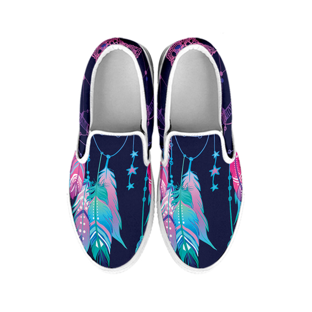 Teal And Purple Dream Catcher Print White Slip On Shoes