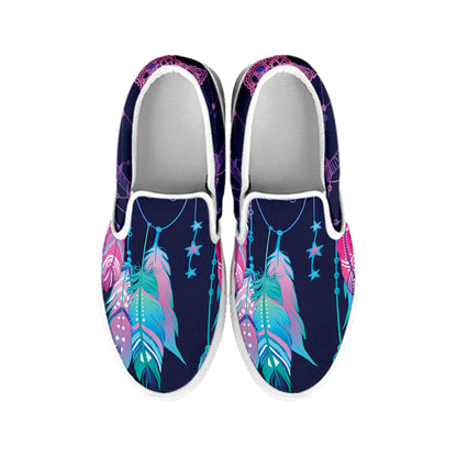 Teal And Purple Dream Catcher Print White Slip On Shoes