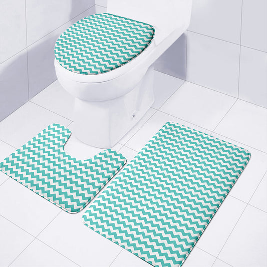 Teal And White Chevron Pattern Print 3 Piece Bath Mat Set