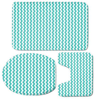 Teal And White Chevron Pattern Print 3 Piece Bath Mat Set