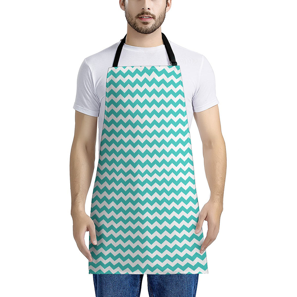 Teal And White Chevron Pattern Print Apron