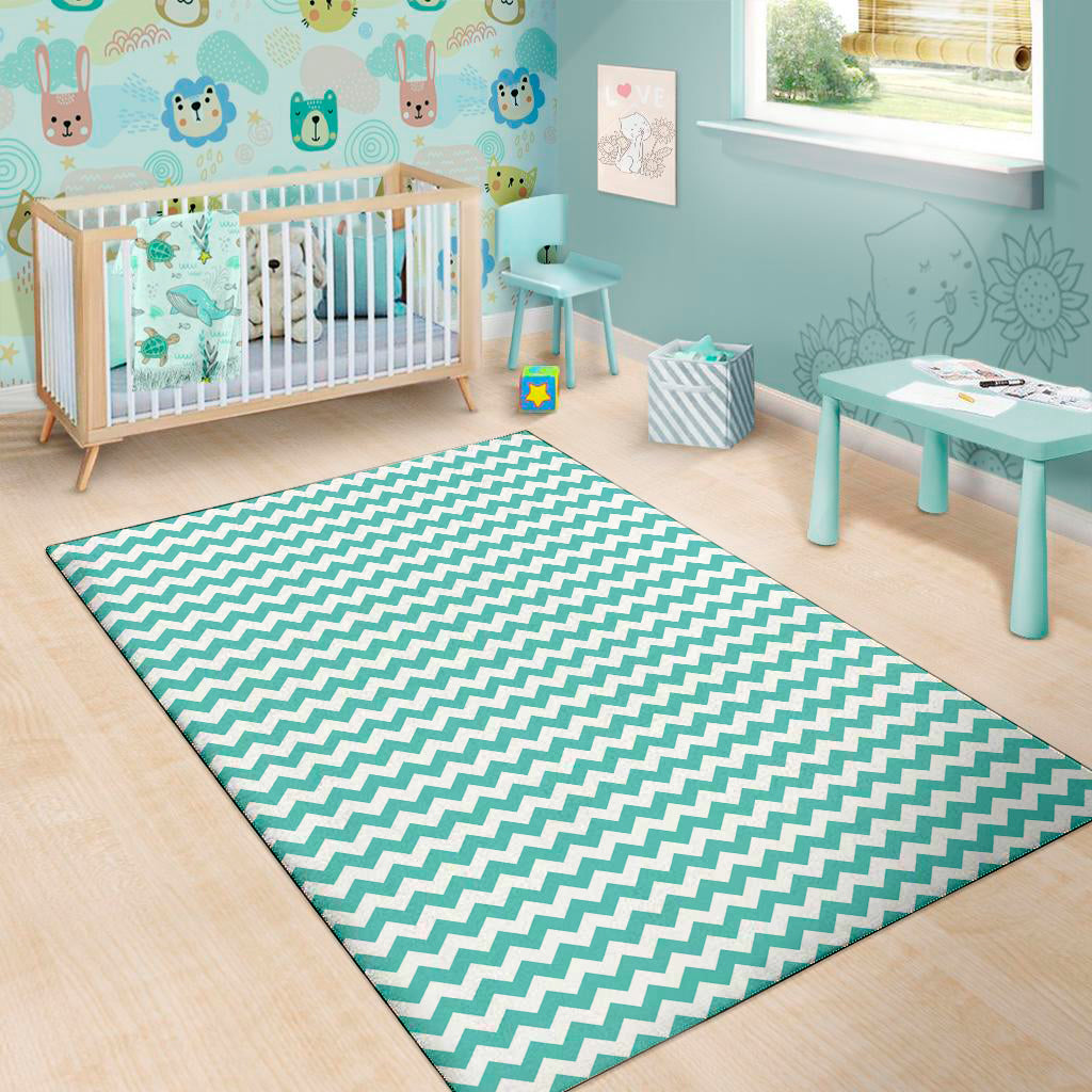 Teal And White Chevron Pattern Print Area Rug