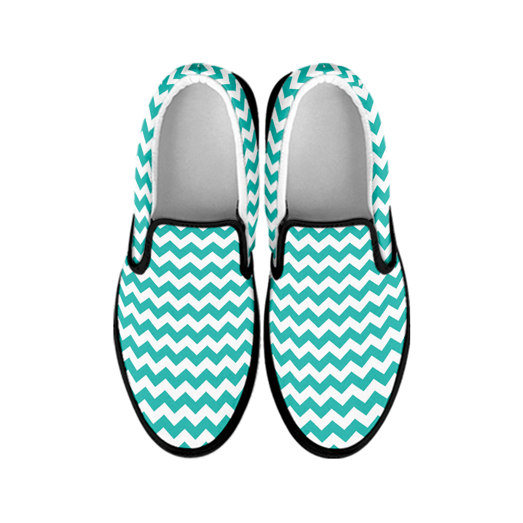 Teal And White Chevron Pattern Print Black Slip On Shoes
