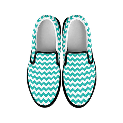 Teal And White Chevron Pattern Print Black Slip On Shoes