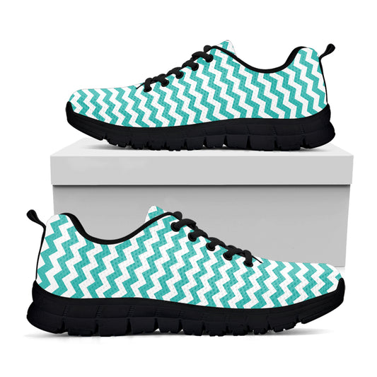 Teal And White Chevron Pattern Print Black Sneakers