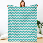 Teal And White Chevron Pattern Print Blanket