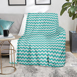 Teal And White Chevron Pattern Print Blanket