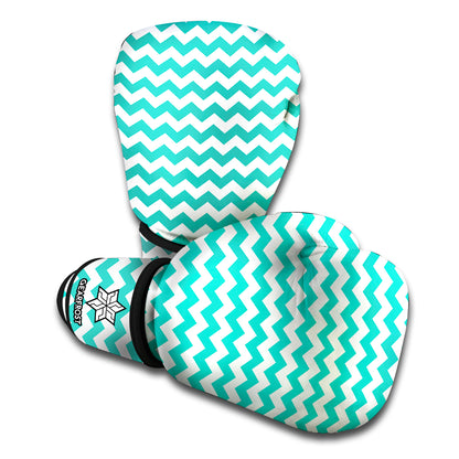 Teal And White Chevron Pattern Print Boxing Gloves