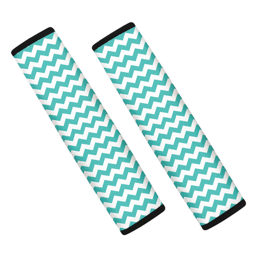 Teal And White Chevron Pattern Print Car Seat Belt Covers