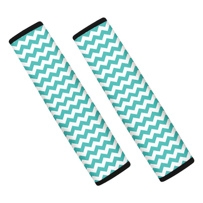 Teal And White Chevron Pattern Print Car Seat Belt Covers