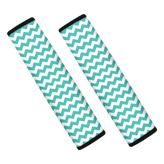 Teal And White Chevron Pattern Print Car Seat Belt Covers