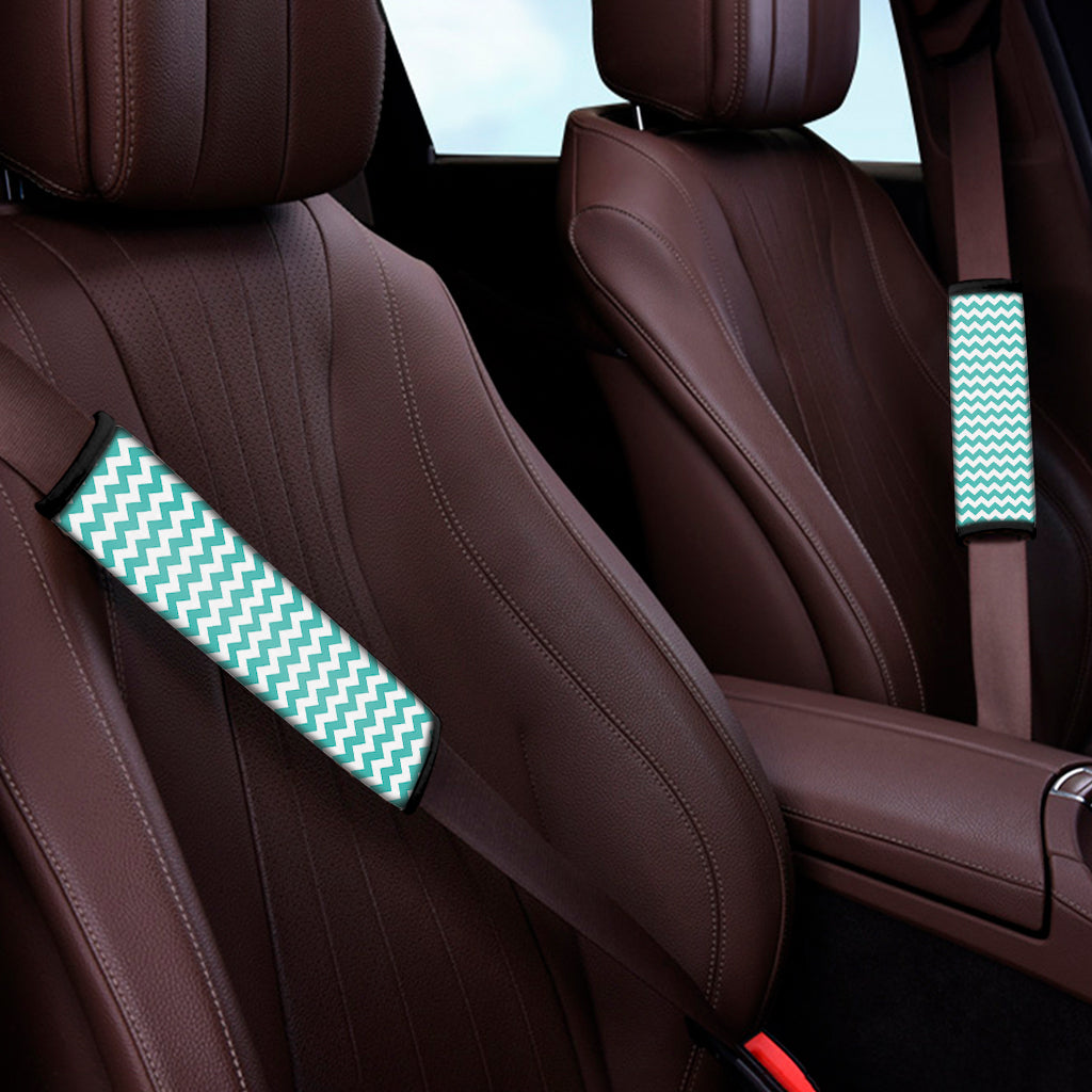 Teal And White Chevron Pattern Print Car Seat Belt Covers