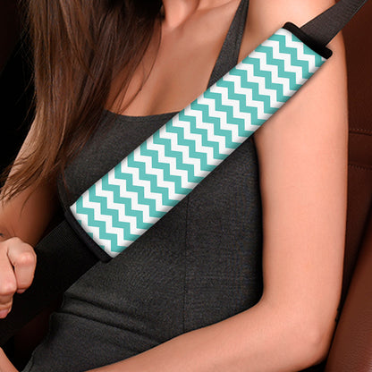 Teal And White Chevron Pattern Print Car Seat Belt Covers