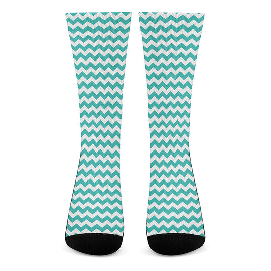 Teal And White Chevron Pattern Print Crew Socks