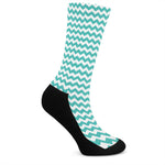Teal And White Chevron Pattern Print Crew Socks