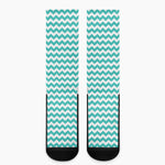 Teal And White Chevron Pattern Print Crew Socks
