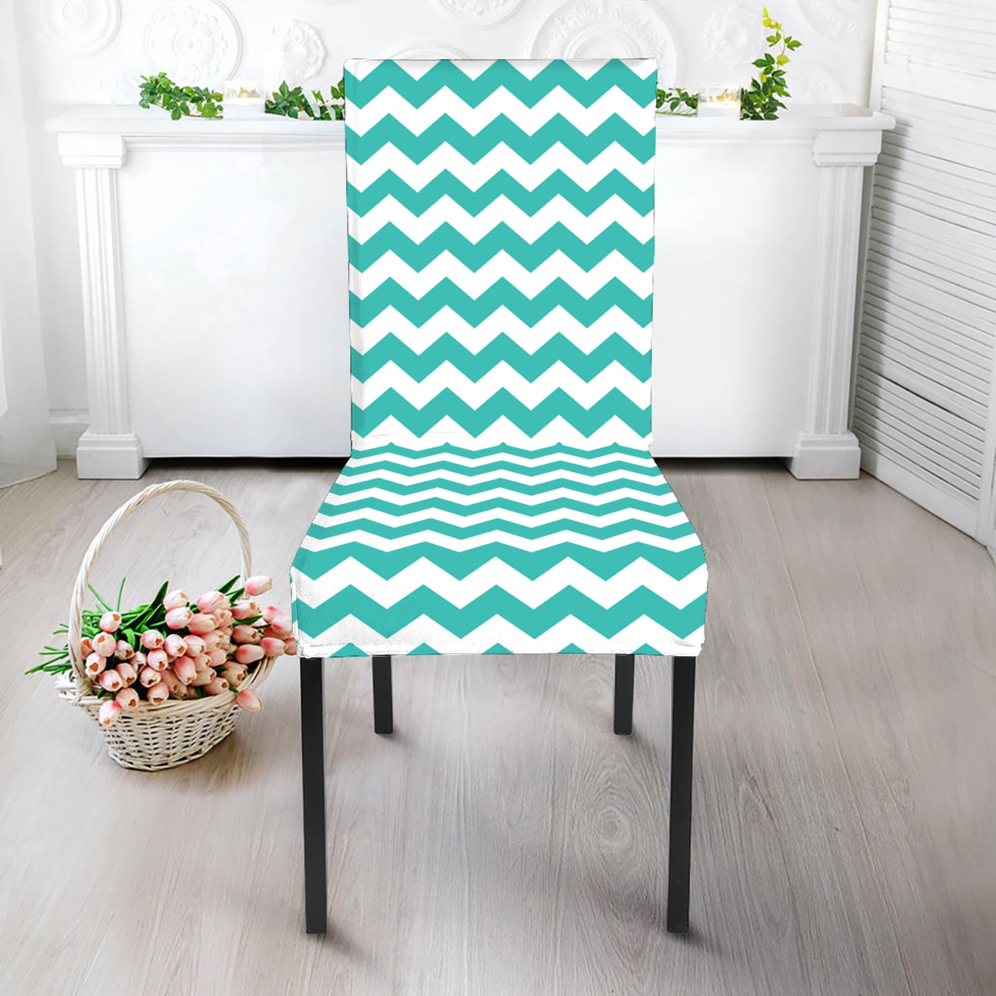Teal And White Chevron Pattern Print Dining Chair Slipcover