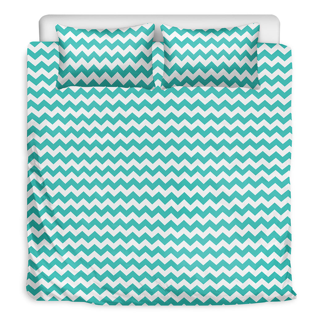 Teal And White Chevron Pattern Print Duvet Cover Bedding Set