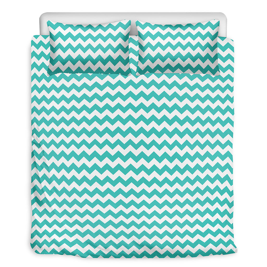 Teal And White Chevron Pattern Print Duvet Cover Bedding Set