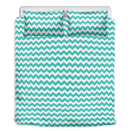 Teal And White Chevron Pattern Print Duvet Cover Bedding Set