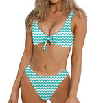 Teal And White Chevron Pattern Print Front Bow Tie Bikini