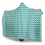 Teal And White Chevron Pattern Print Hooded Blanket