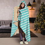 Teal And White Chevron Pattern Print Hooded Blanket