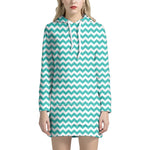 Teal And White Chevron Pattern Print Hoodie Dress
