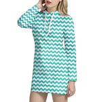 Teal And White Chevron Pattern Print Hoodie Dress
