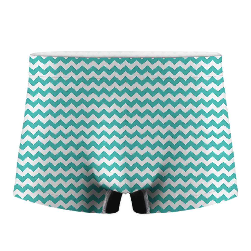Teal And White Chevron Pattern Print Men's Boxer Briefs