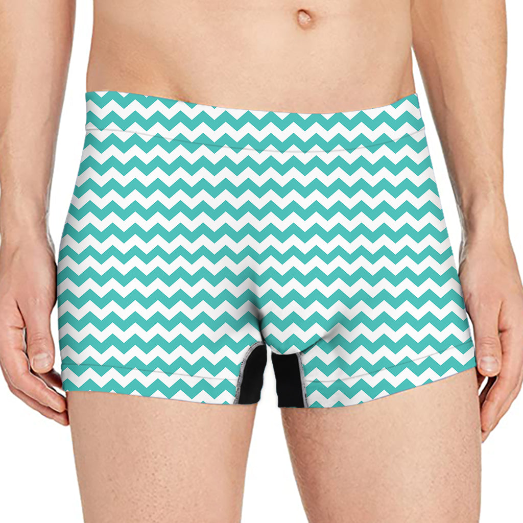 Teal And White Chevron Pattern Print Men's Boxer Briefs