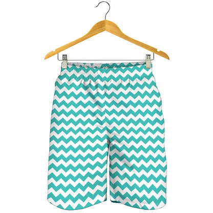 Teal And White Chevron Pattern Print Men's Shorts