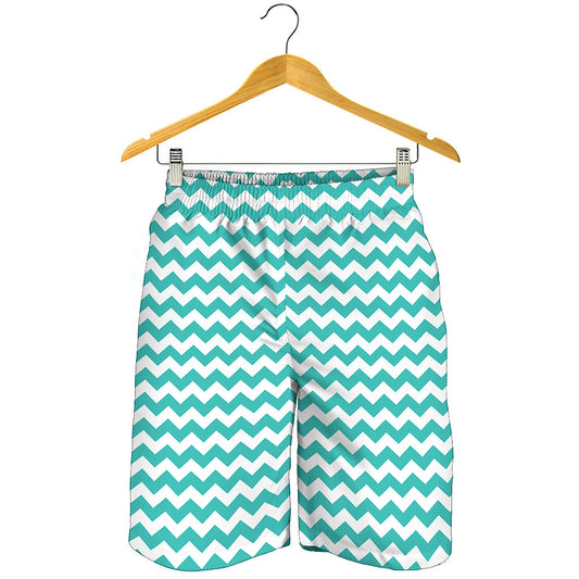 Teal And White Chevron Pattern Print Men's Shorts