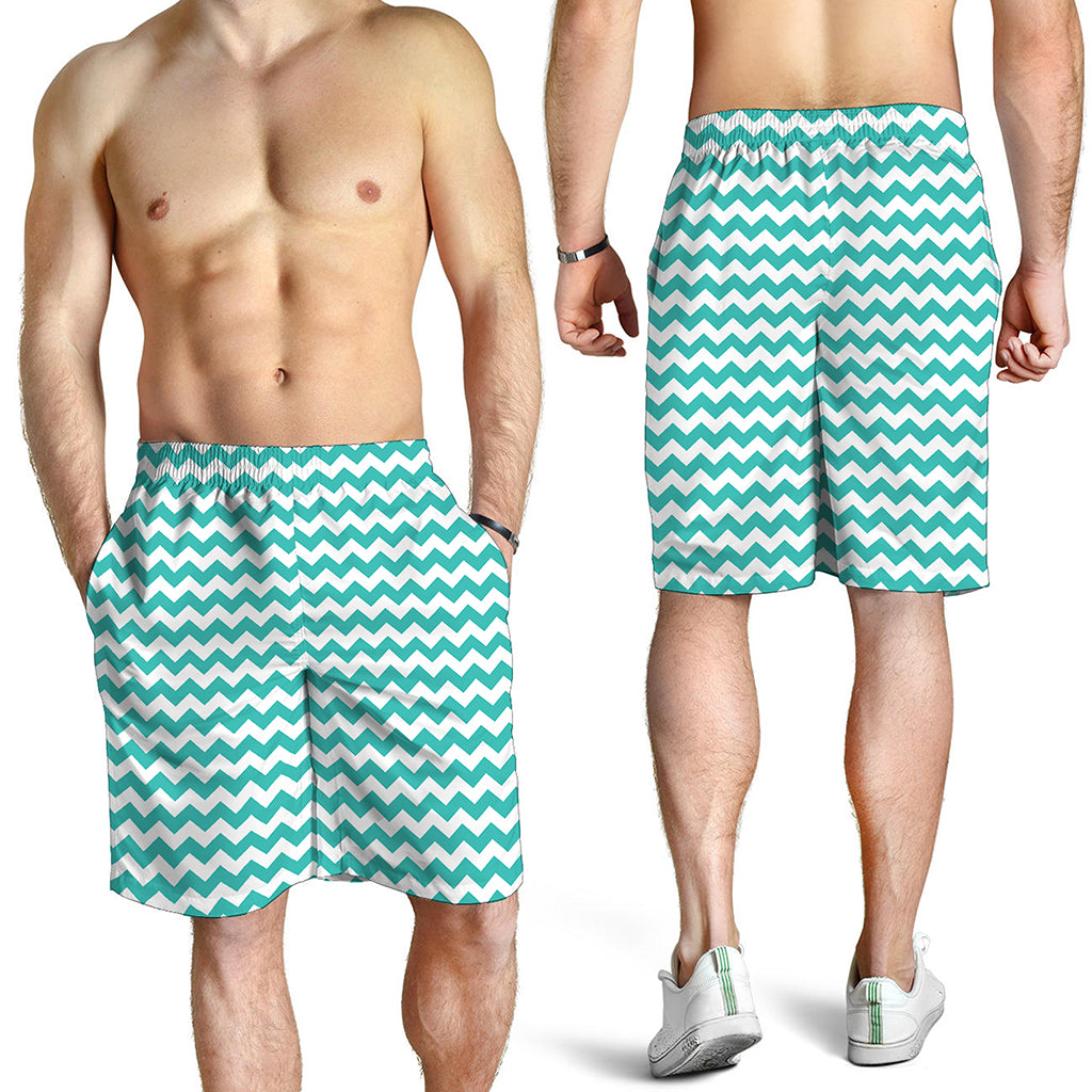 Teal And White Chevron Pattern Print Men's Shorts