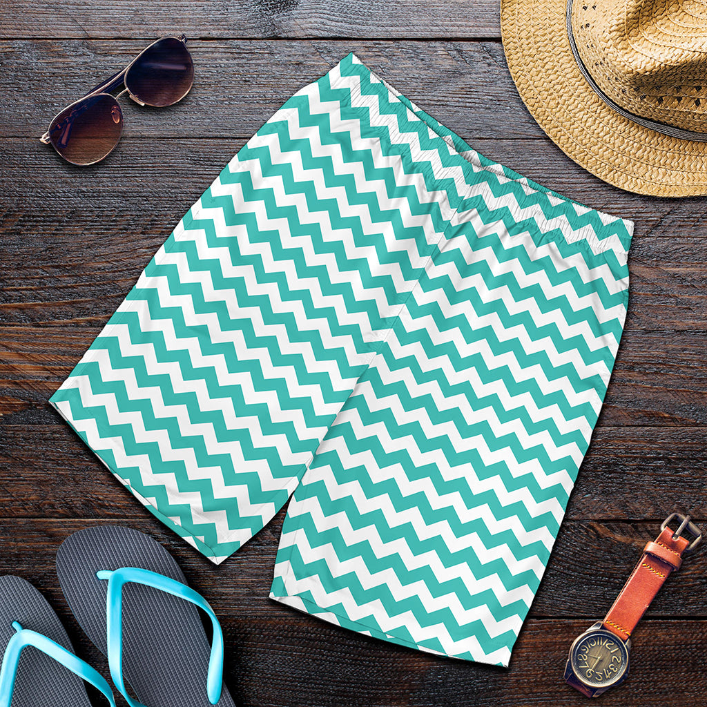 Teal And White Chevron Pattern Print Men's Shorts