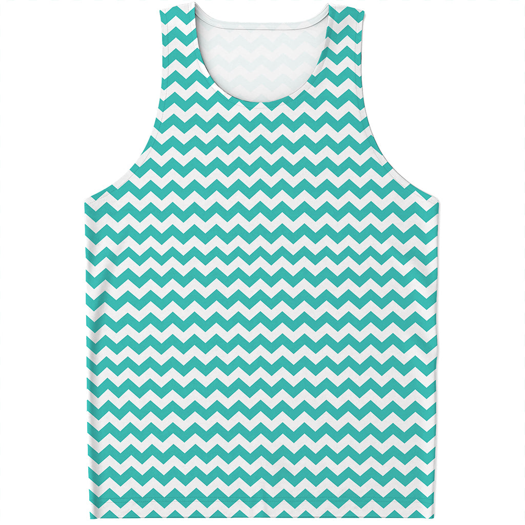 Teal And White Chevron Pattern Print Men's Tank Top