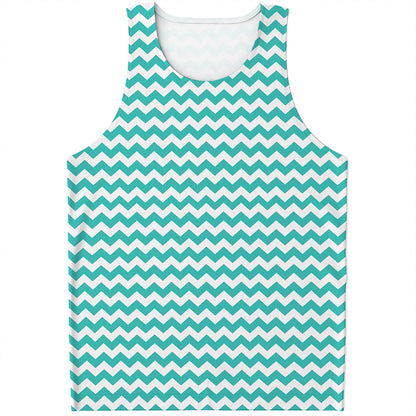 Teal And White Chevron Pattern Print Men's Tank Top