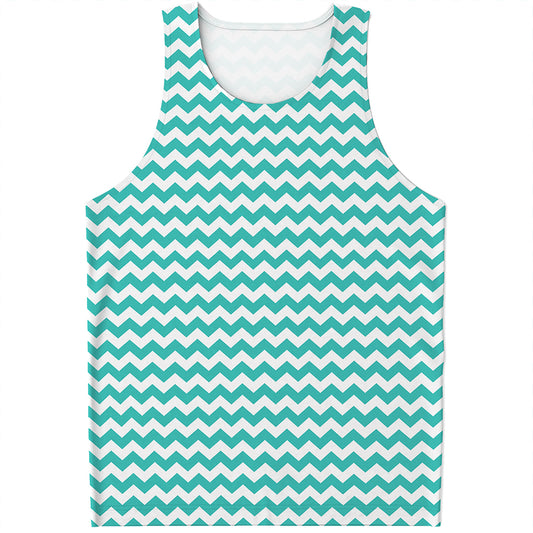 Teal And White Chevron Pattern Print Men's Tank Top