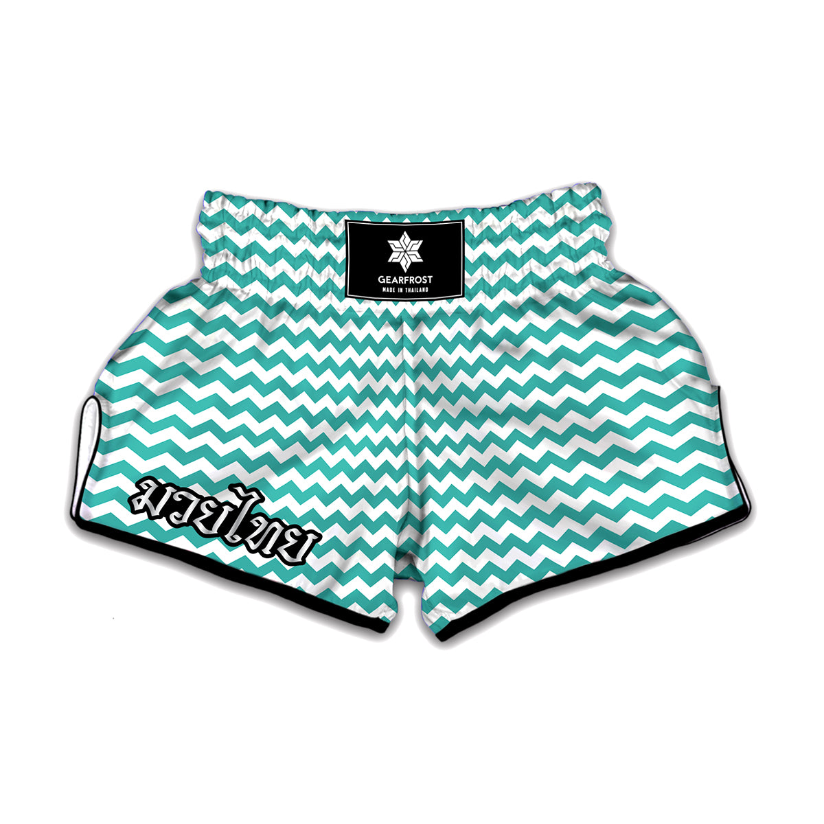 Teal And White Chevron Pattern Print Muay Thai Boxing Shorts
