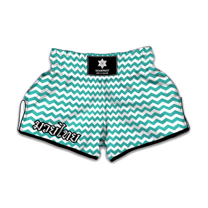 Teal And White Chevron Pattern Print Muay Thai Boxing Shorts