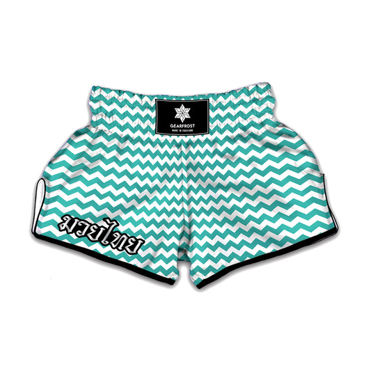 Teal And White Chevron Pattern Print Muay Thai Boxing Shorts