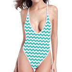 Teal And White Chevron Pattern Print One Piece High Cut Swimsuit