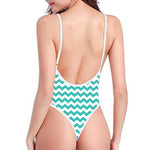 Teal And White Chevron Pattern Print One Piece High Cut Swimsuit
