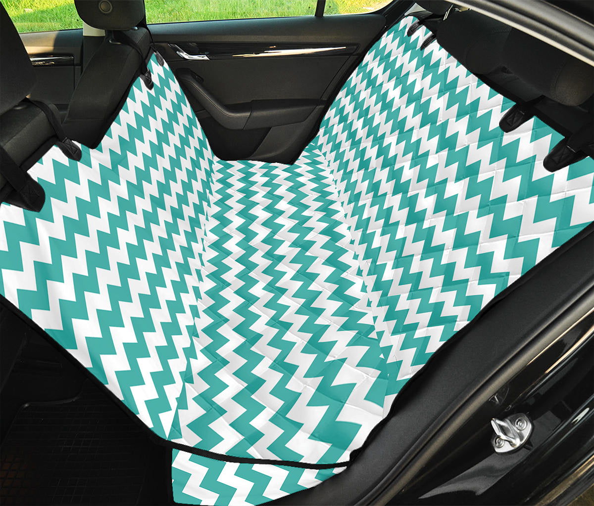 Teal And White Chevron Pattern Print Pet Car Back Seat Cover