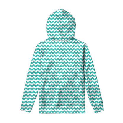 Teal And White Chevron Pattern Print Pullover Hoodie
