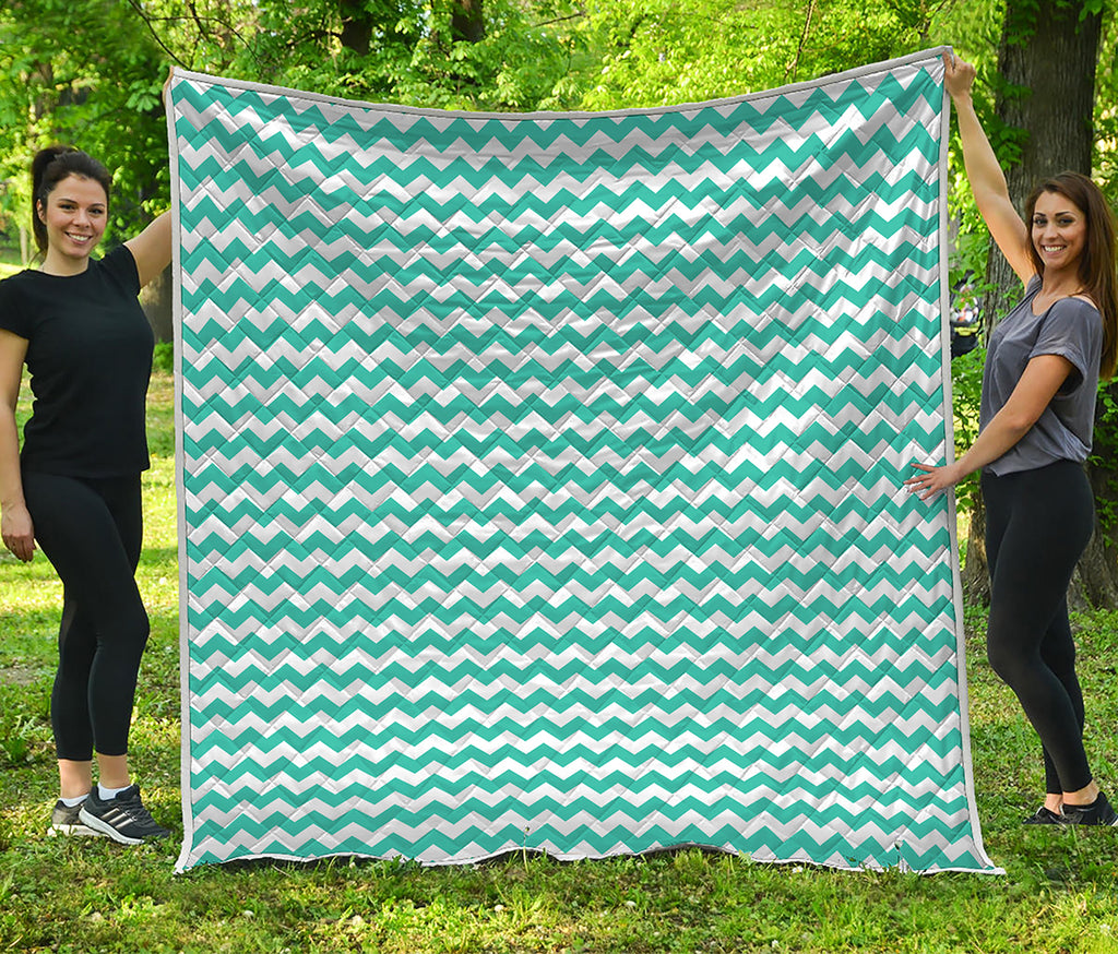 Teal And White Chevron Pattern Print Quilt