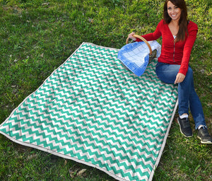 Teal And White Chevron Pattern Print Quilt