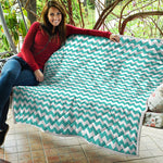 Teal And White Chevron Pattern Print Quilt