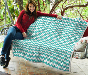 Teal And White Chevron Pattern Print Quilt